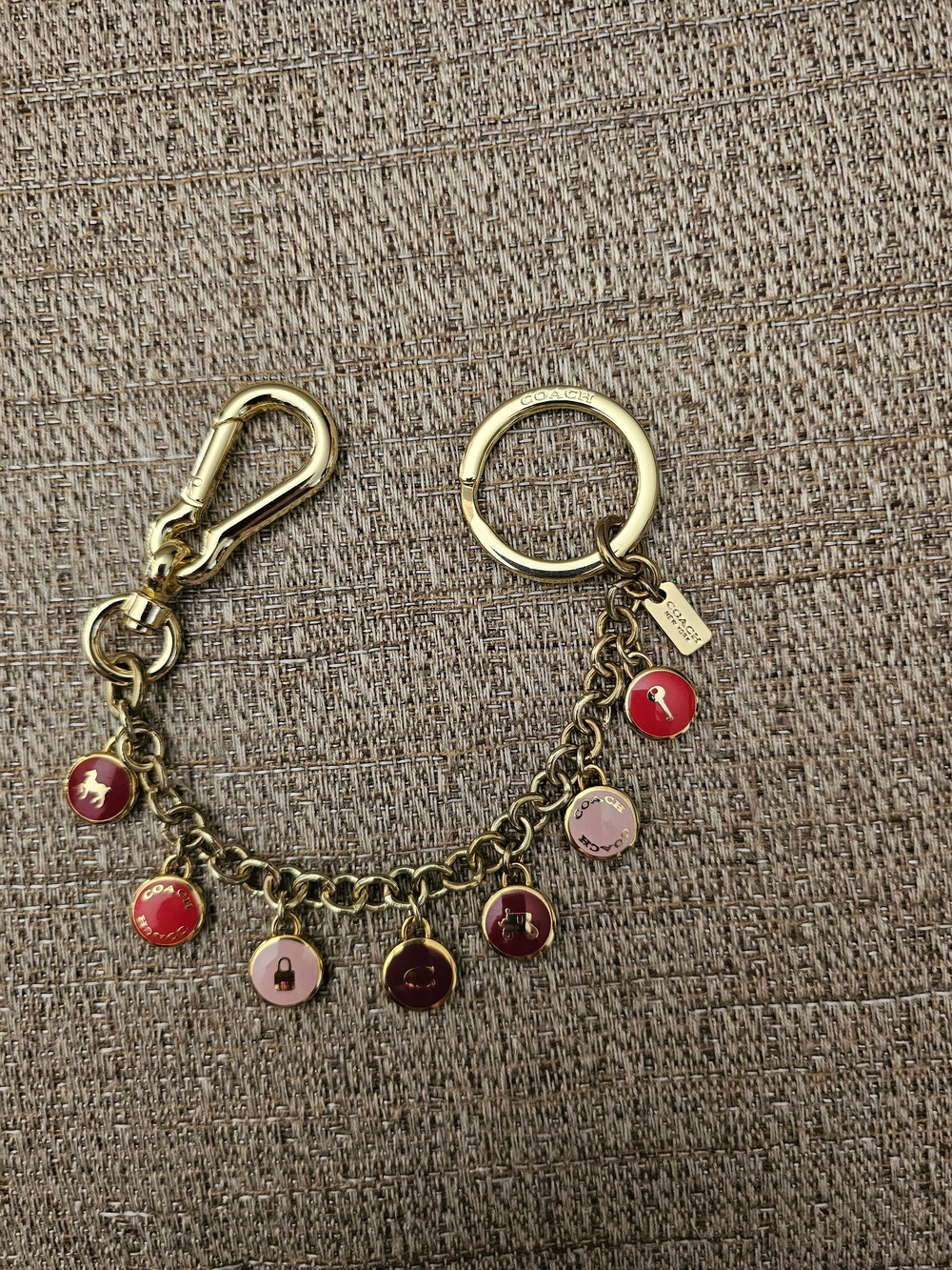 Coach Gold-Tone Keychain Bag Charm Or Extenter with Pink & Red Enamel Charms EUC
